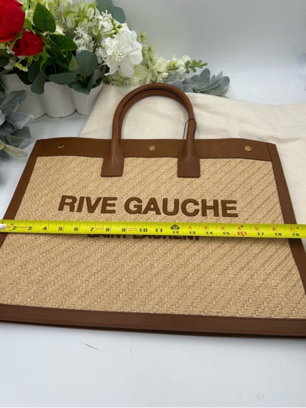 Women’s Saint Laurent RIVE GAUCHE tote bag natural sand, RAFFIAN brick leather - Picture 14 of 15